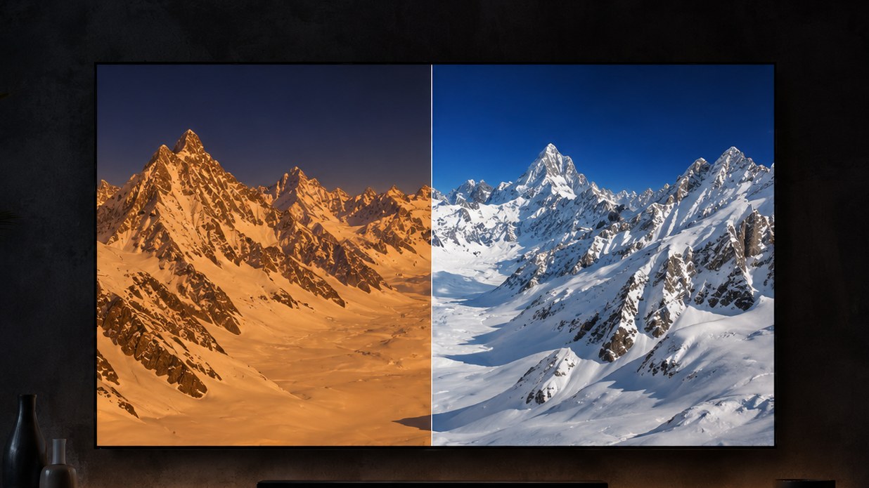 The same snowy mountain on one TV: on the left a generic night filter turns the snow orange; on the right Eyesafe Mode keeps it white at the same blue-light reduction