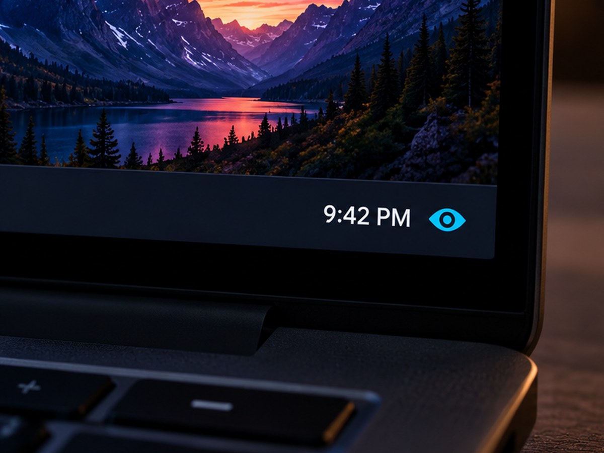Close-up of a laptop taskbar showing the time and the Eyesafe glyph