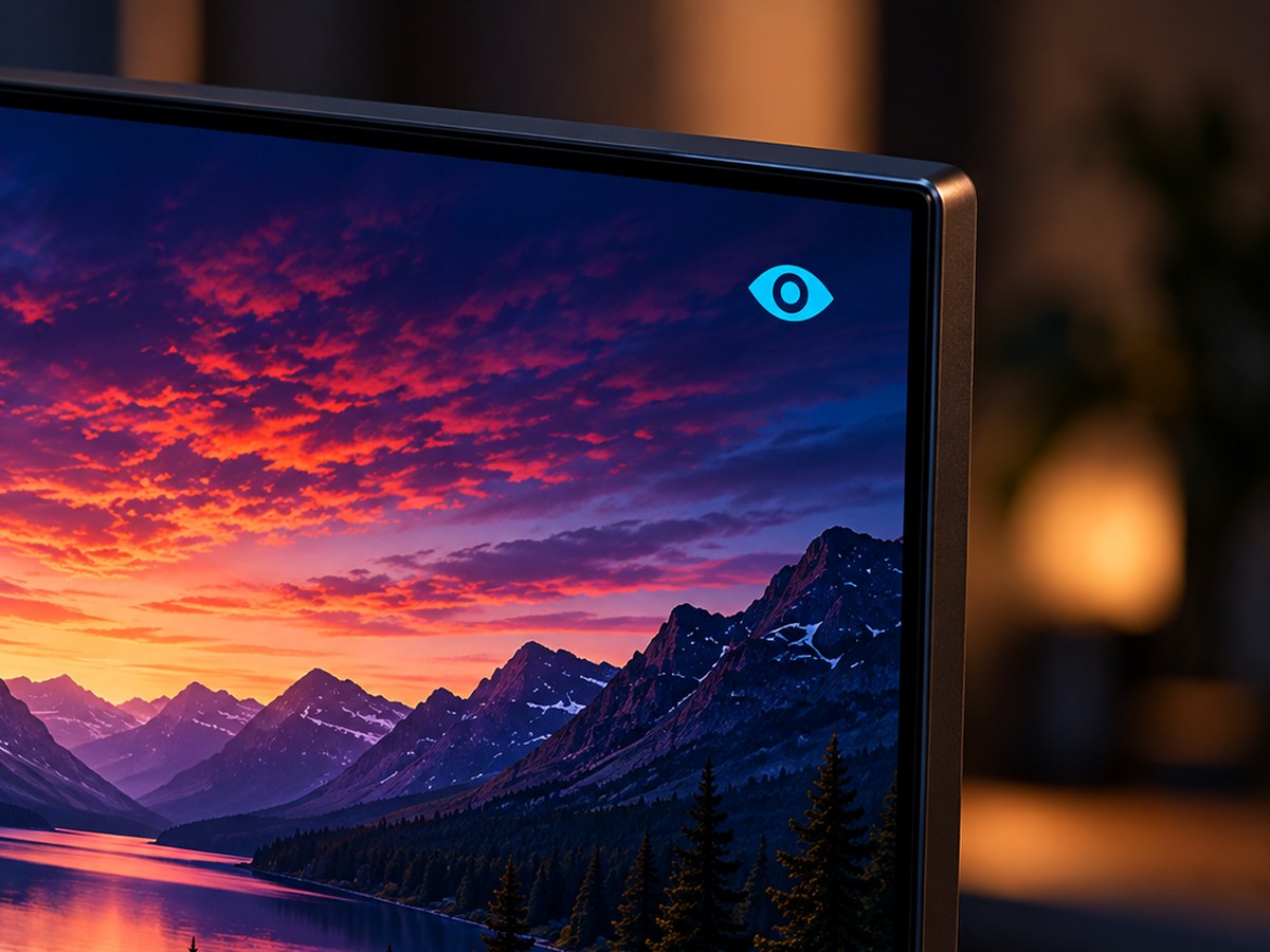 Close-up of a monitor corner showing the Eyesafe glyph