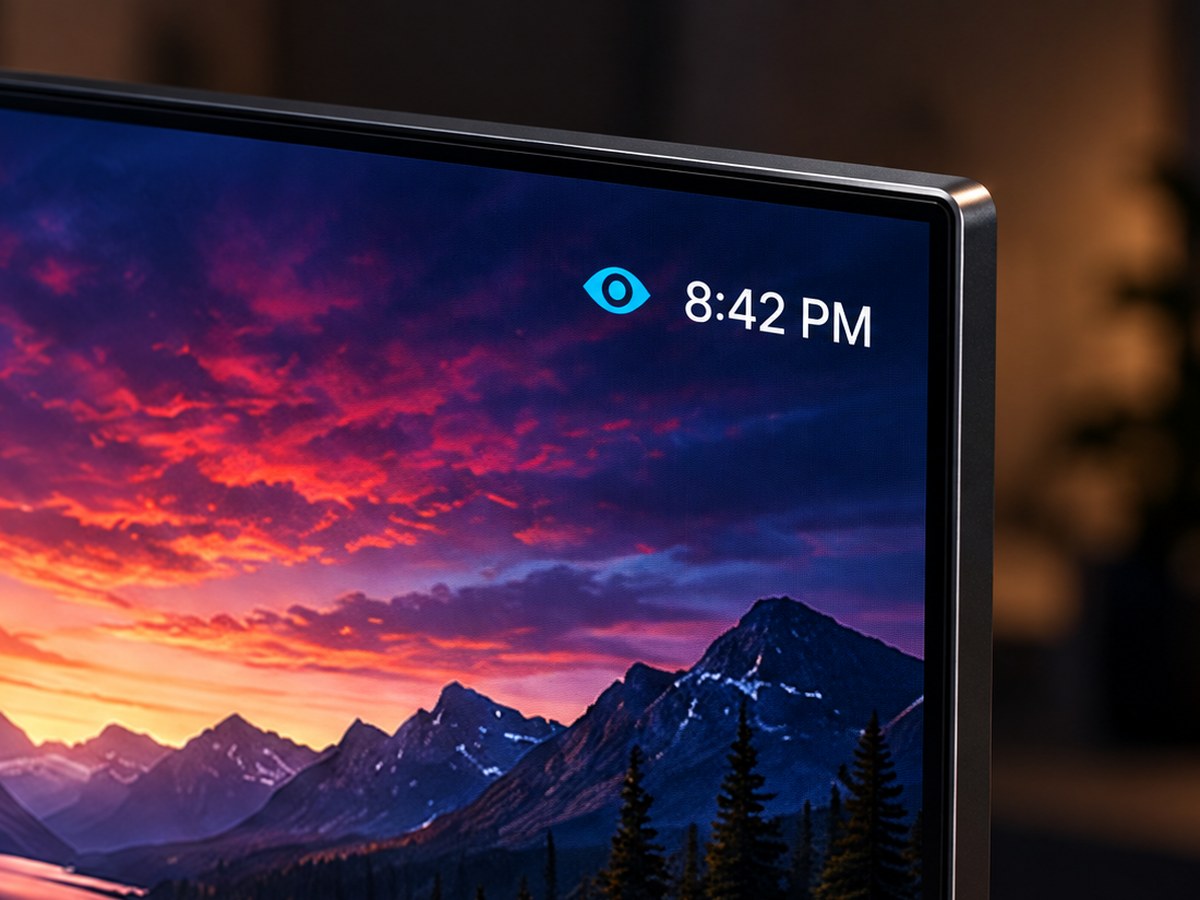 Close-up of a TV corner showing the Eyesafe glyph and the time
