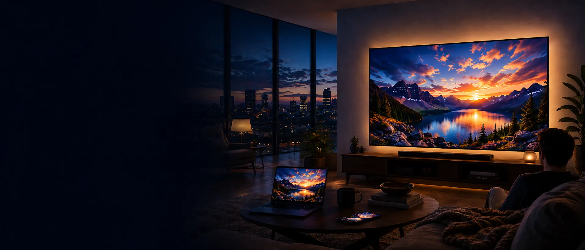 An evening living room where a large TV shows a vivid mountain sunset with a warm comfortable backlight; a laptop and phone on the coffee table show the same scene