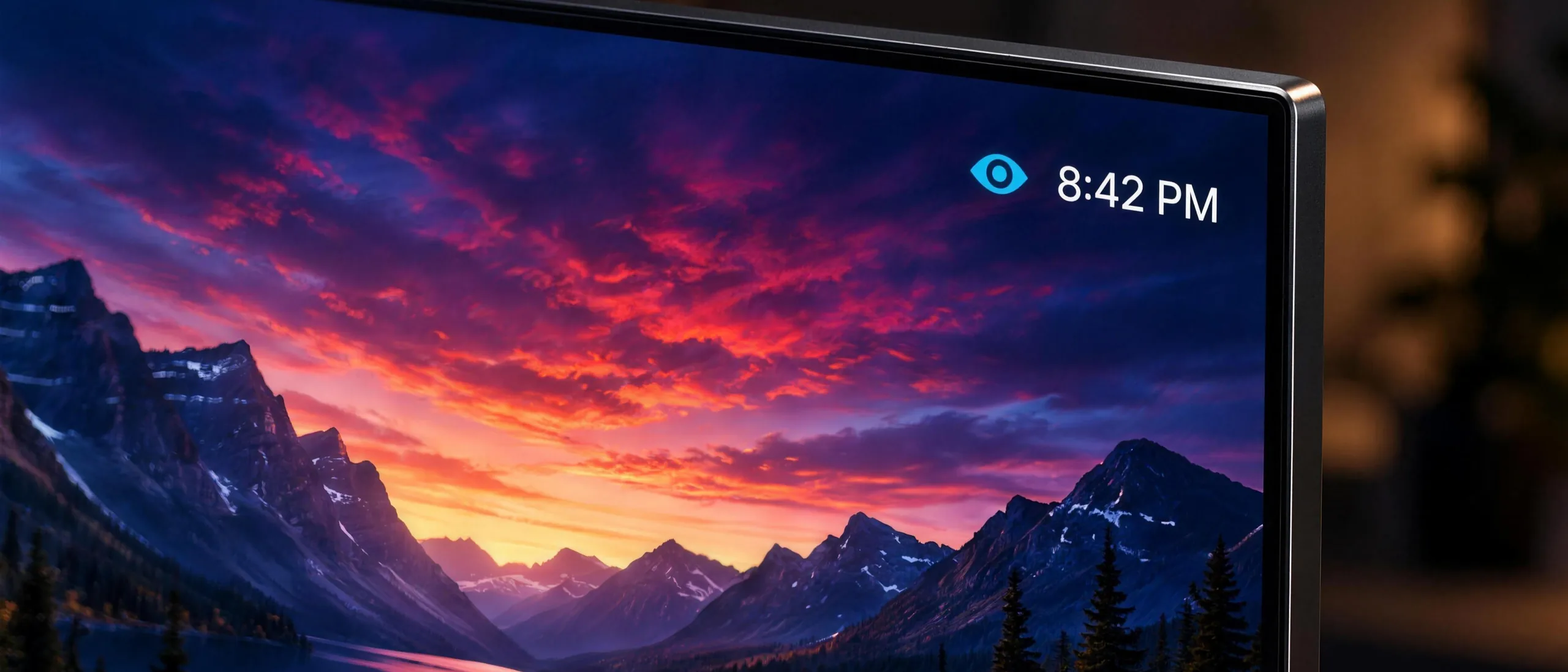 Close-up of a TV corner showing the Eyesafe icon, which means Eyesafe Mode is on