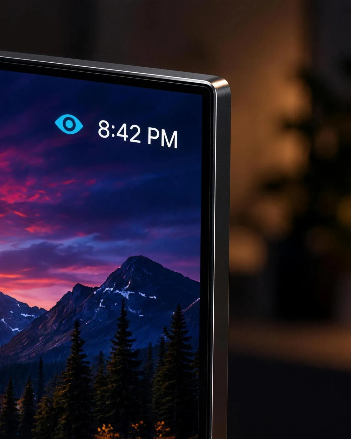 Close-up of a TV corner showing the Eyesafe icon, which means Eyesafe Mode is on