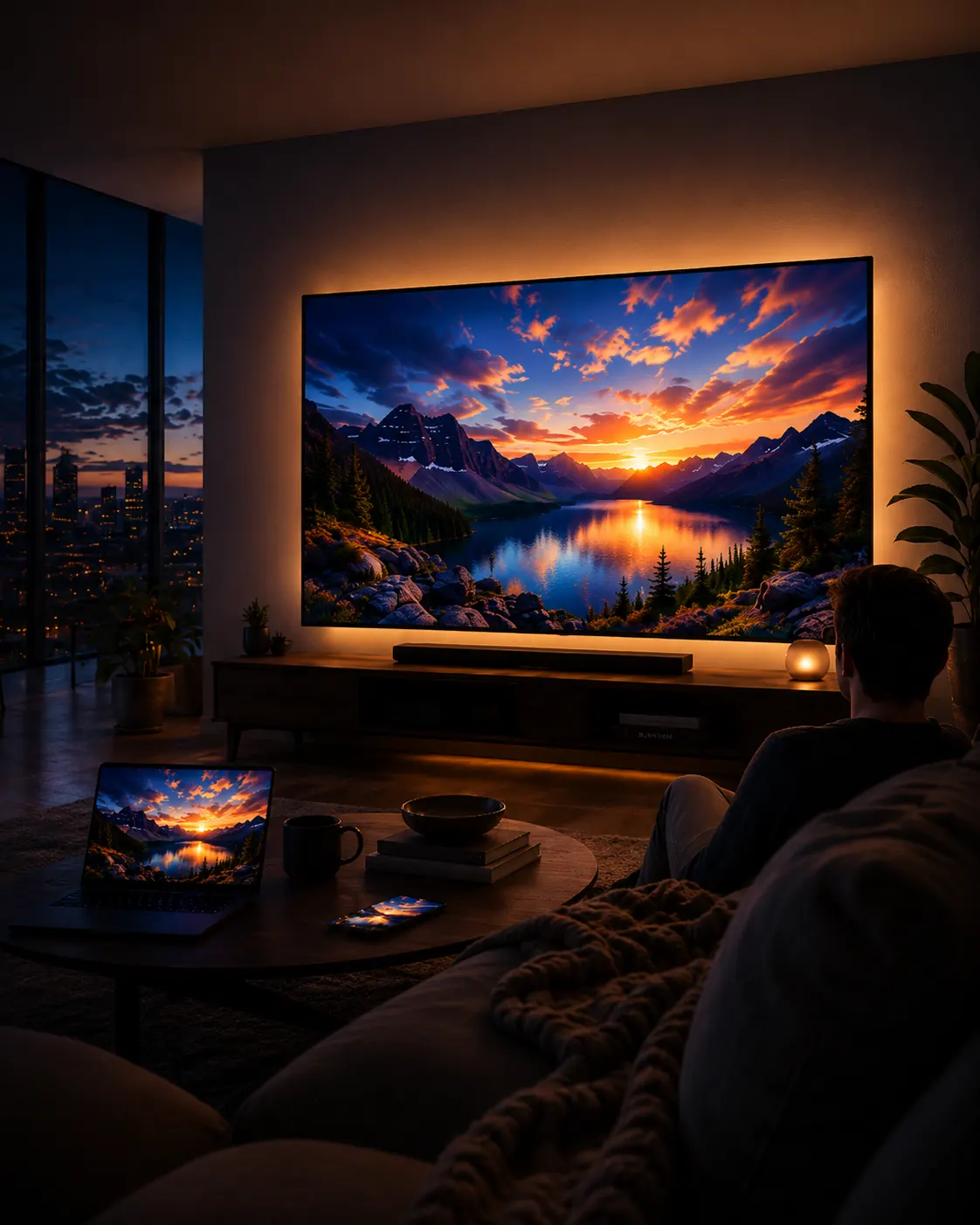An evening living room where a large TV shows a vivid mountain sunset with a warm comfortable backlight