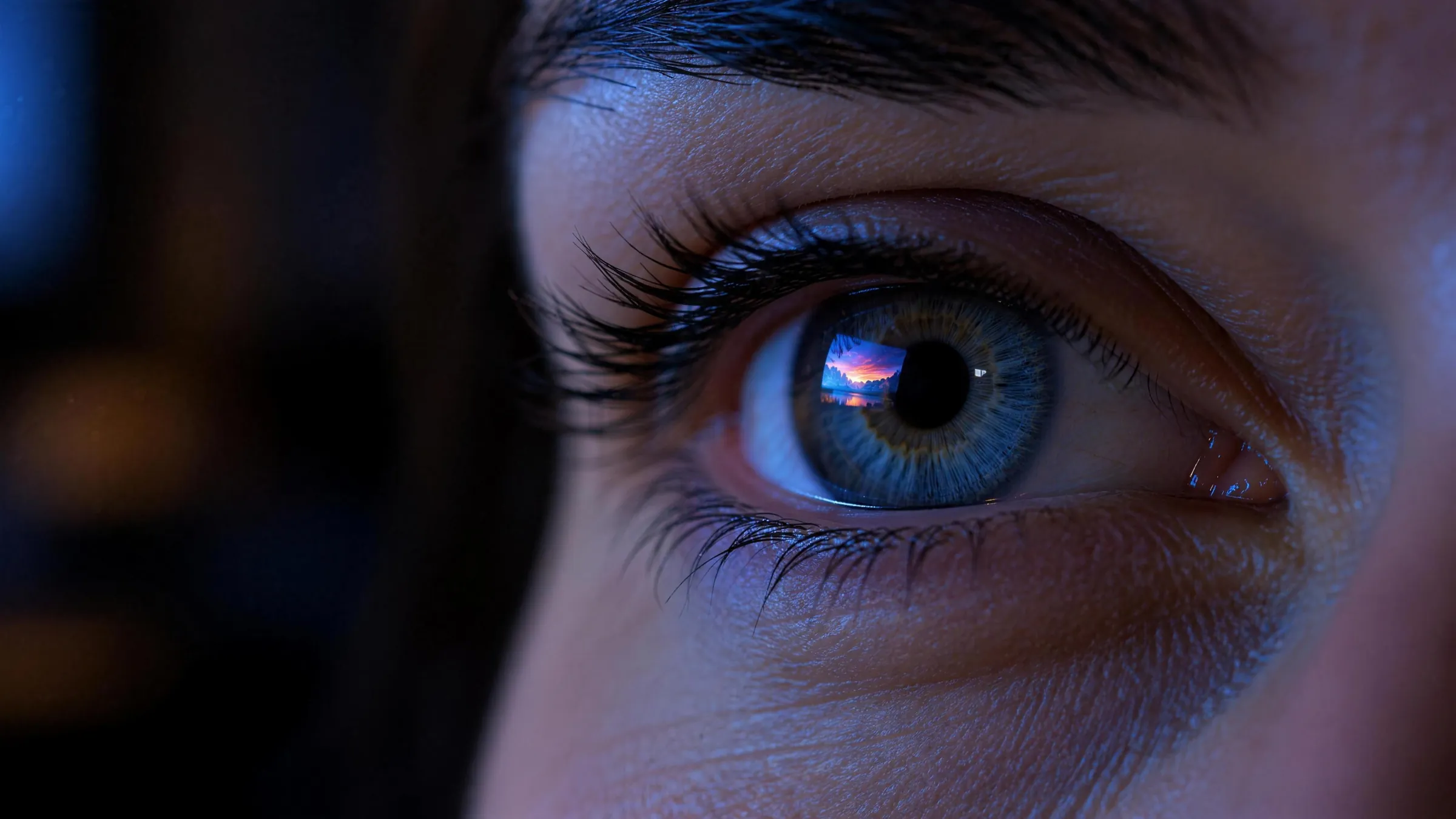 Close-up of an eye with a soft, natural reflection of a TV screen