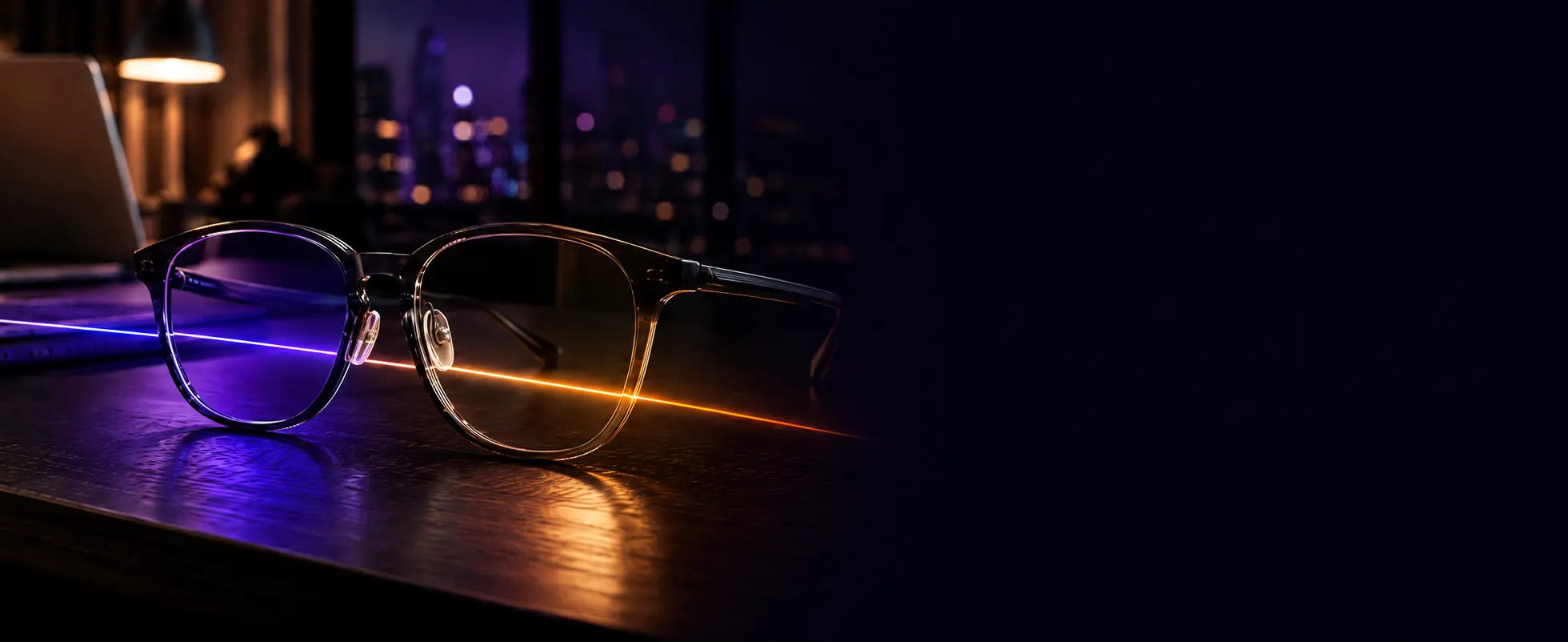Clear eyeglass lenses on a desk at night transforming a beam of light from cool violet to warm amber as it passes through the lens