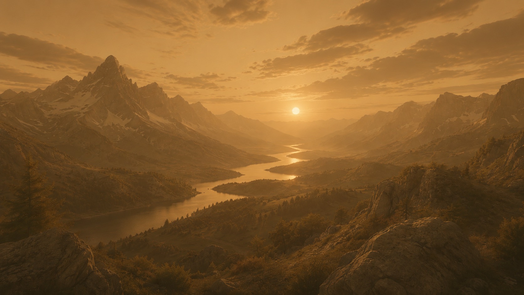 Mountain sunset under a generic night filter — muddy, orange, washed out