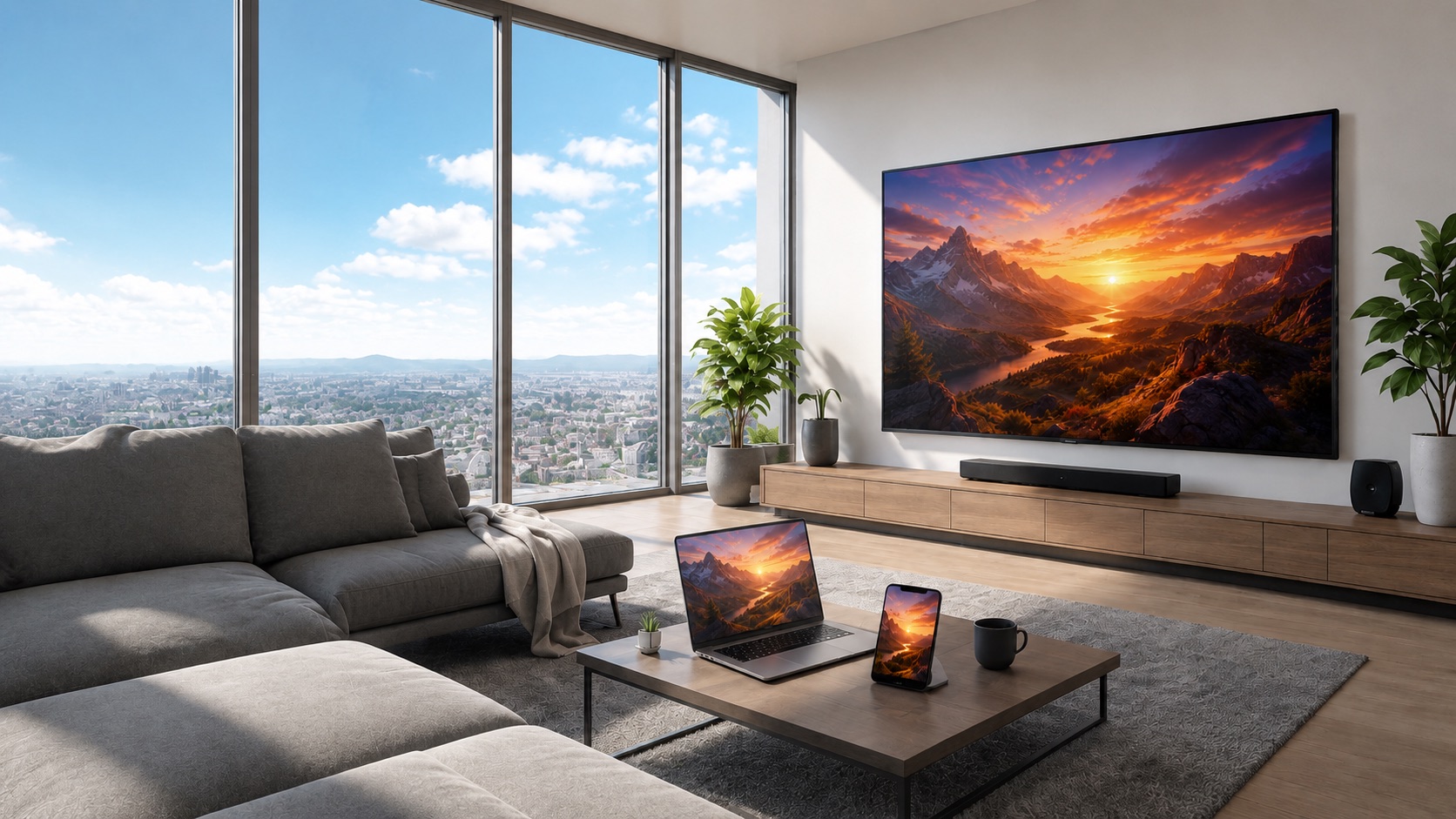 Living room in bright morning daylight — blue sky outside, screens in cool clarity