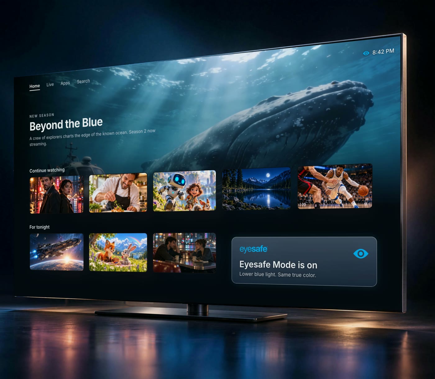 A TV home screen with the Eyesafe icon beside the clock and a notice reading Eyesafe Mode is on. Lower blue light. Same true color.