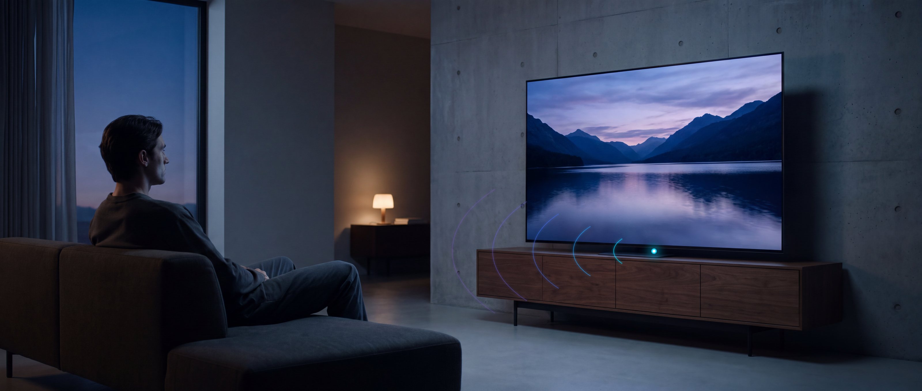 A viewer on a sofa watching a TV; faint sensing arcs extend from a point at the bottom of the screen