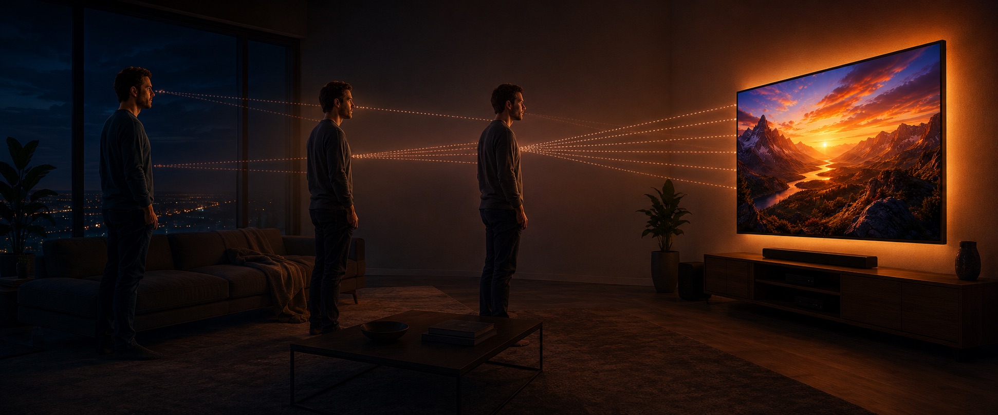 A viewer at different distances from a TV — light rays between screen and eyes shown as dotted lines