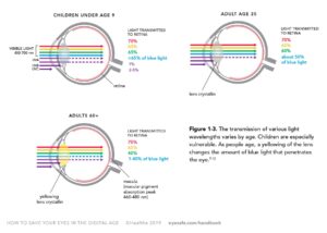 Figure 1-3. The transmission of various light wavelengths varies by age. Children are especially vulnerable. As people age, a yellowing of the lens changes the amount of blue light that penetrates the eye.7-10