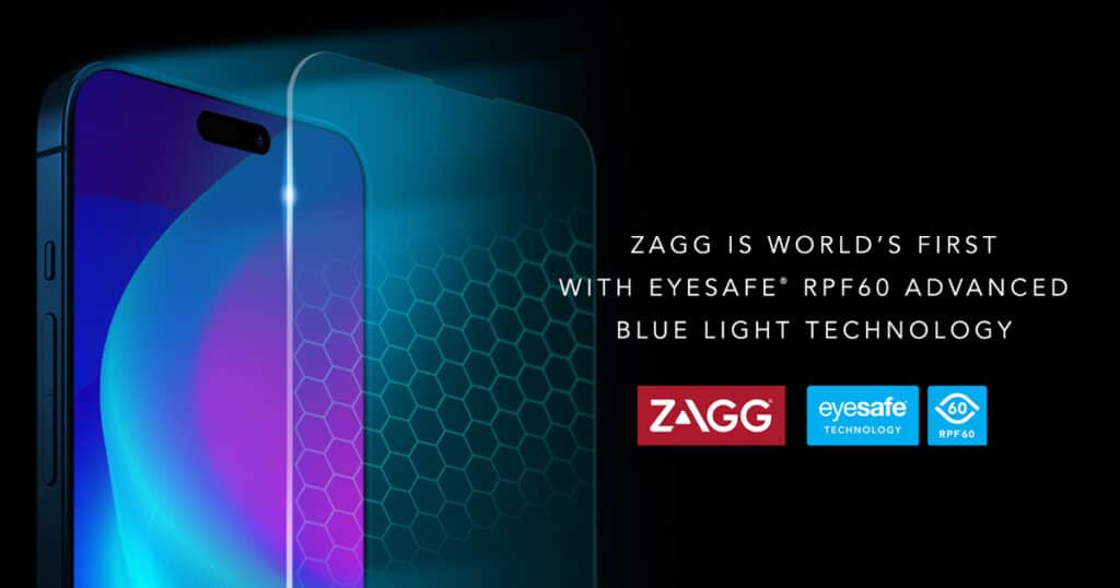 iPhone 15 display with color wave behind a blue light screen protector on black background, with text ZAGG IS WORLD'S FIRST WITH EYESAFE RPF60 ADVANCED BLUE LIGHT TECHNOLOGY.