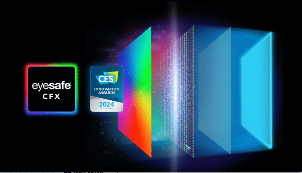 Dissected display overlaid with Eyesafe CFX logo and CES Innovation Award logo