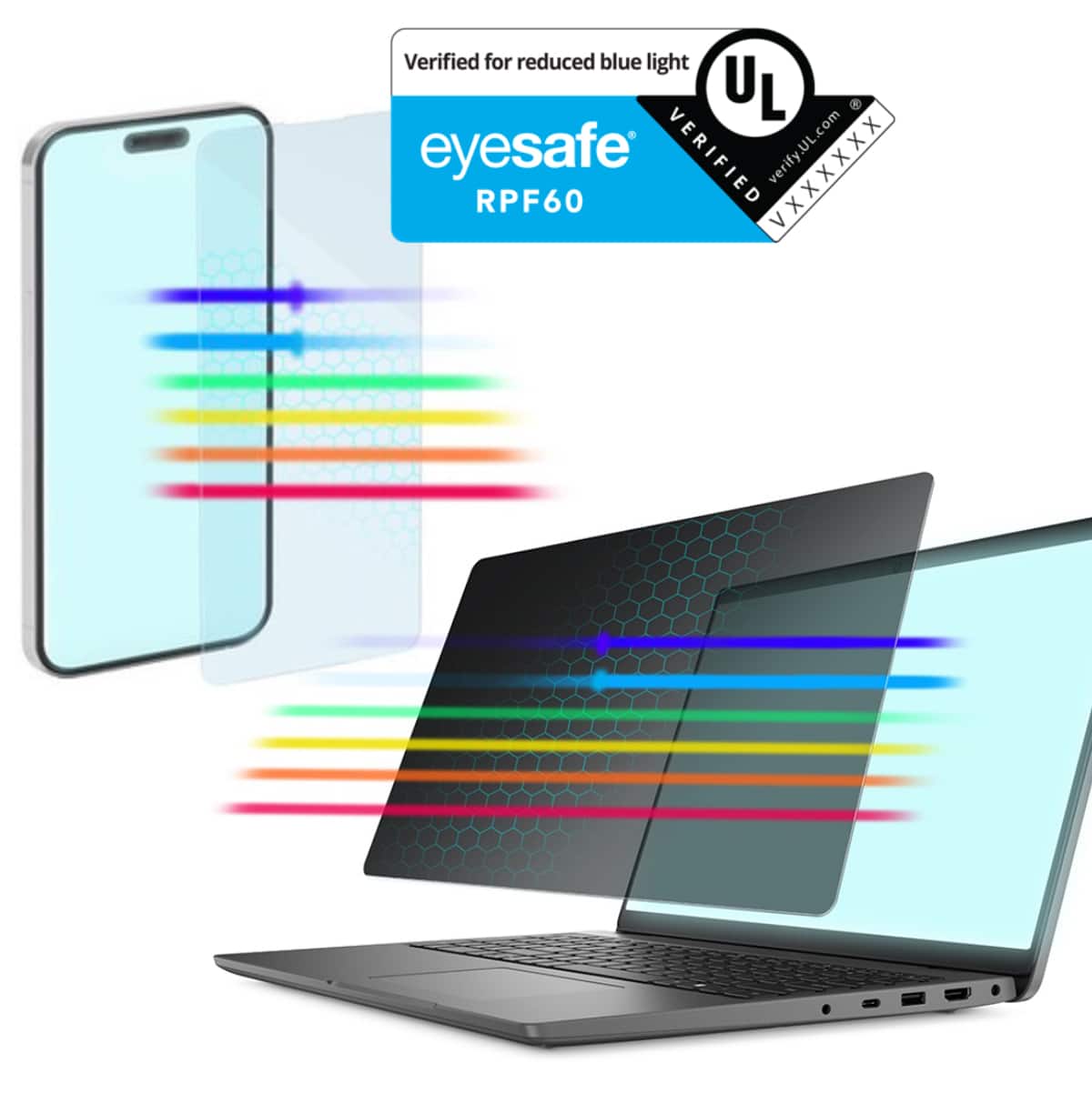 screen protector on phone emitting light and privacy screen on laptop emitting light, with UL Eyesafe Marketing Claim Verification mark above images