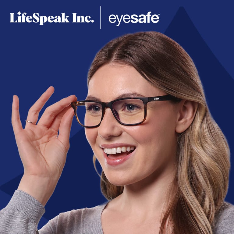 LifeSpeak and Eyesafe logos with image of a woman wearing blue light glasses