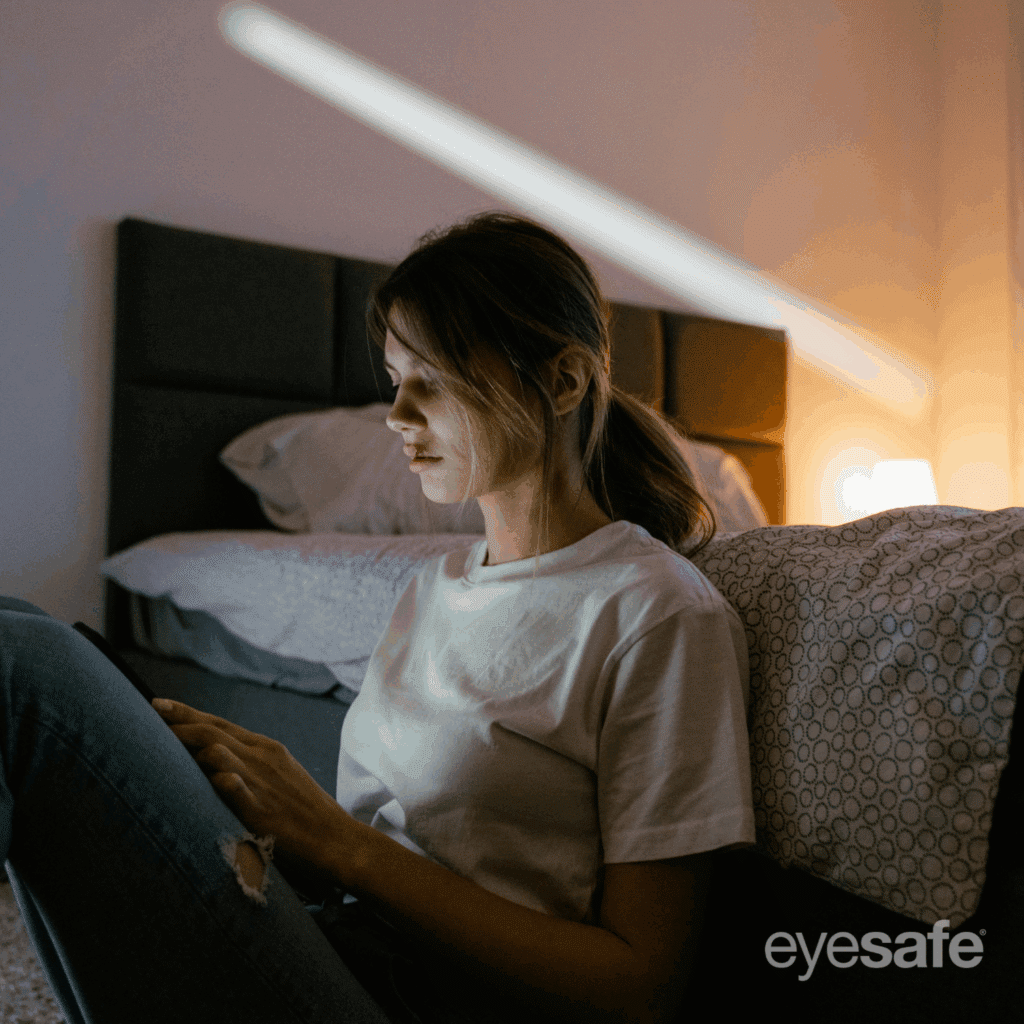 oung woman sitting on the floor at night using a smartphone, bedroom lighting in the background, Eyesafe logo visible.