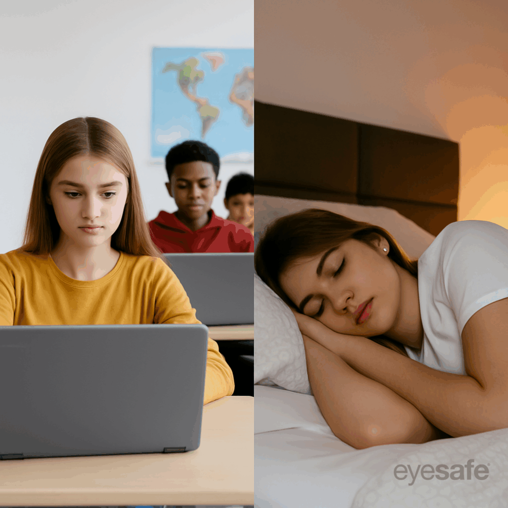 A split square image showing students using Chromebooks in a bright classroom on the left and a young woman peacefully sleeping in a softly lit bedroom on the right, illustrating the balance between digital learning and healthy rest.