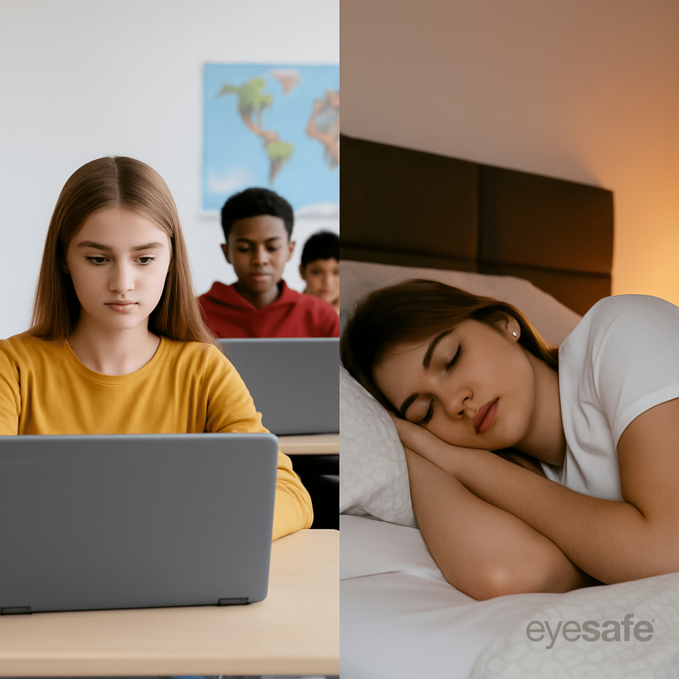 A split square image showing students using Chromebooks in a bright classroom on the left and a young woman peacefully sleeping in a softly lit bedroom on the right, illustrating the balance between digital learning and healthy rest.