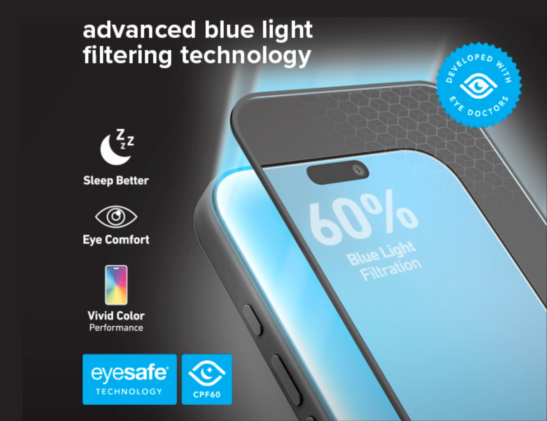 glowing blue phone on black background with eyesafe technology