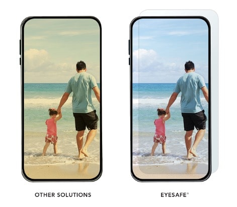 Two smartphones side by side showing landscape photography, one with and one without a screen protector, illustrating maintained color performance.