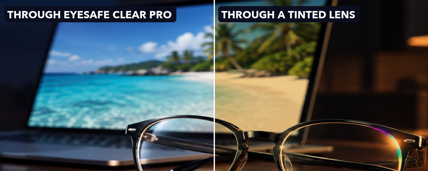 A screen seen through Eyesafe Clear Pro next to the same screen through a tinted lens