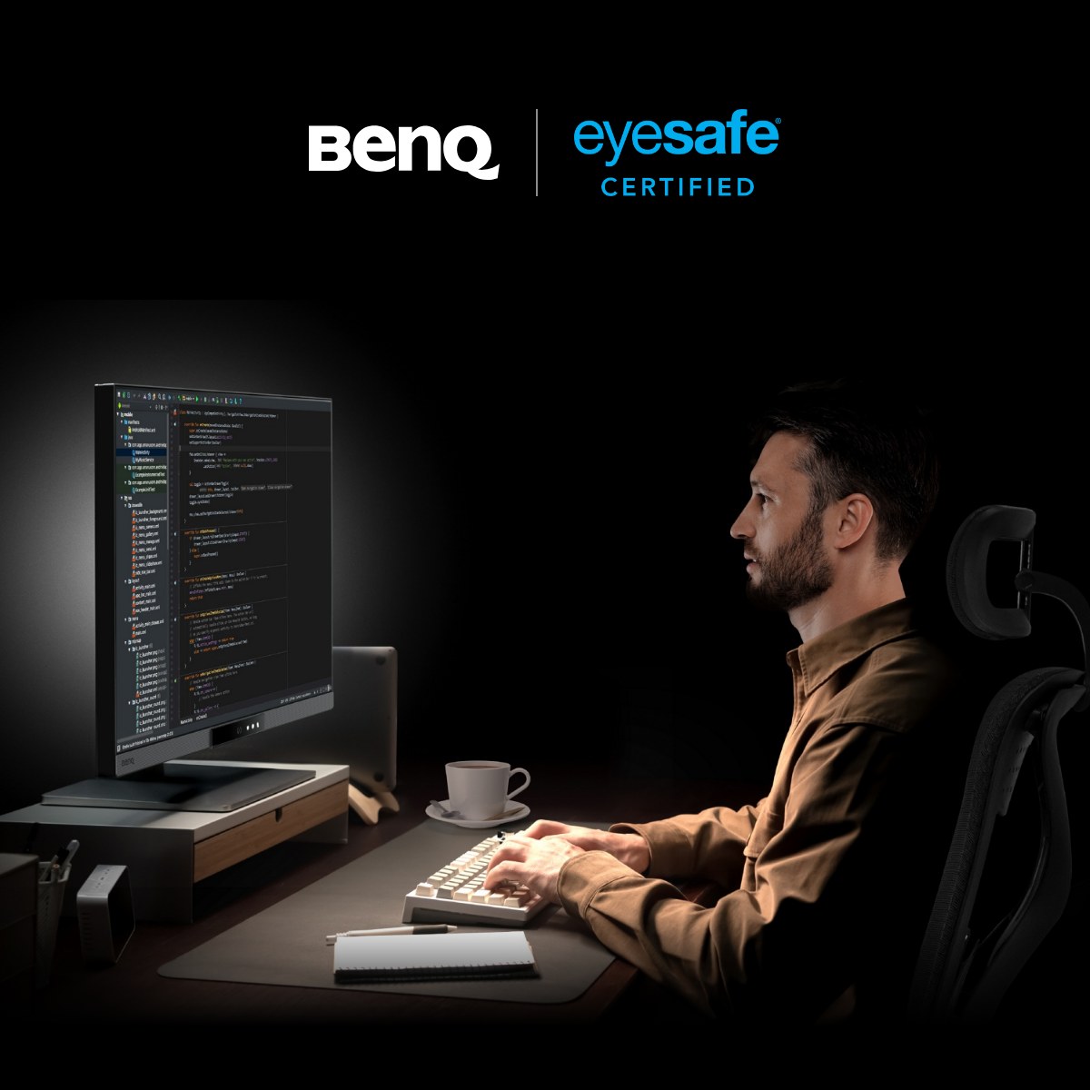 BenQ RD280UG programming monitor at night, with the BenQ and Eyesafe Certified marks