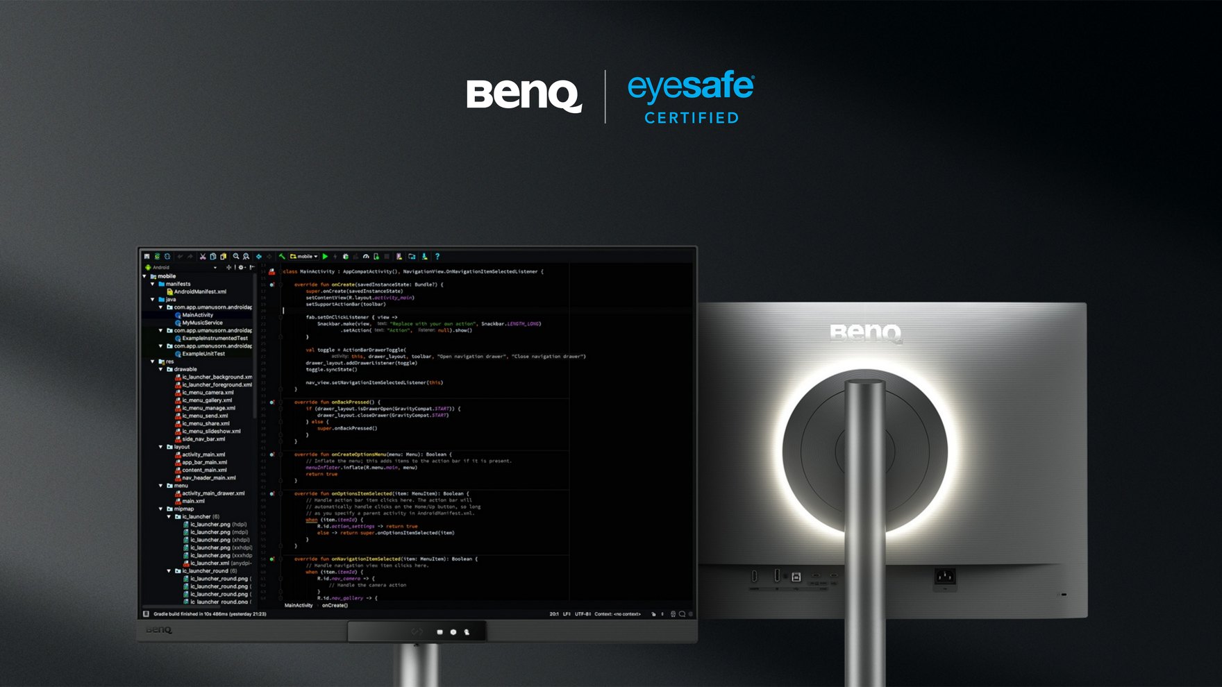 Front and back of the BenQ RD280UG: code on the 3:2 screen and the MoonHalo light ring on the rear