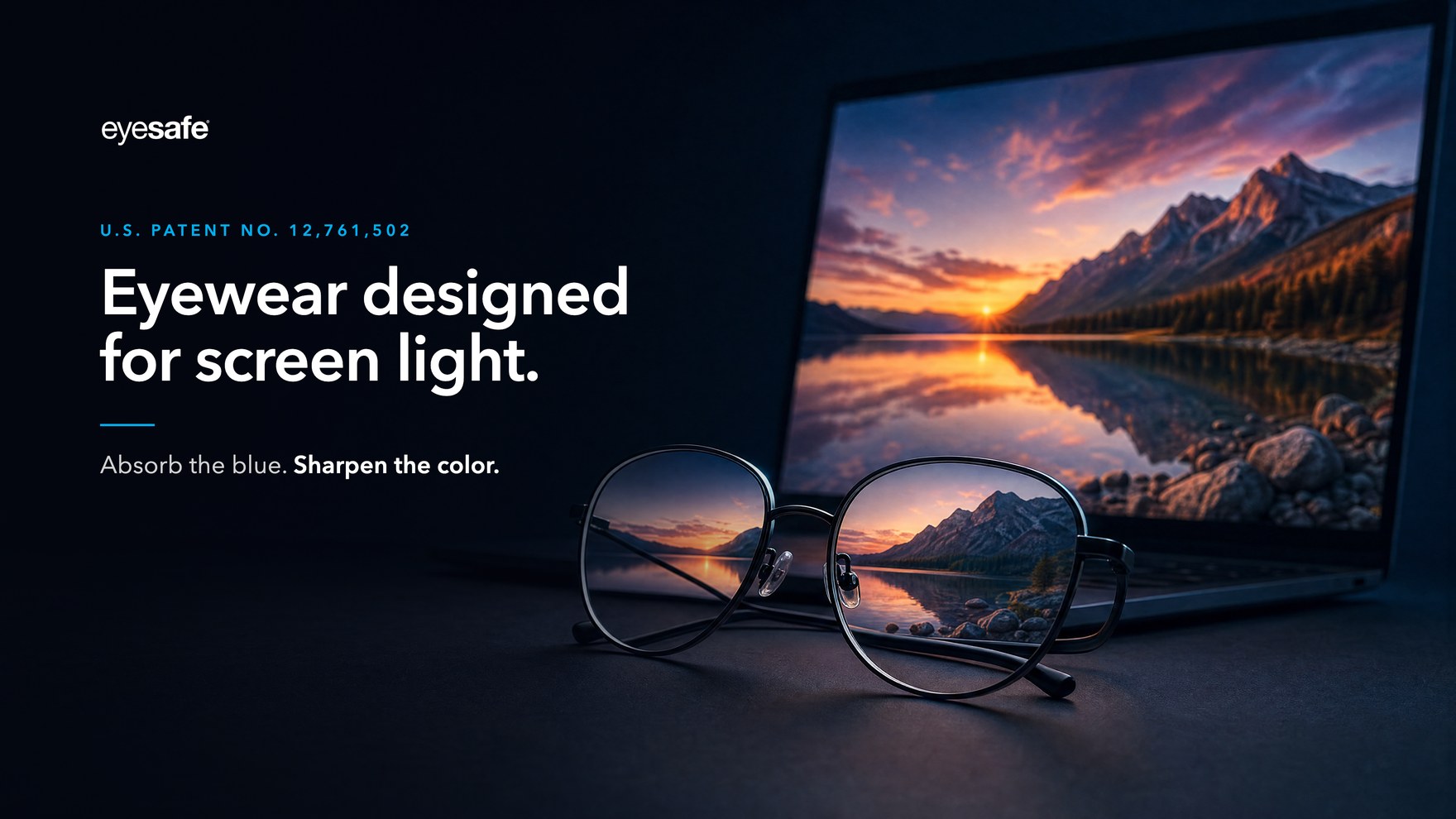 Eyewear designed for screen light: clear eyeglass lenses in front of a glowing screen, colors unchanged through the lens