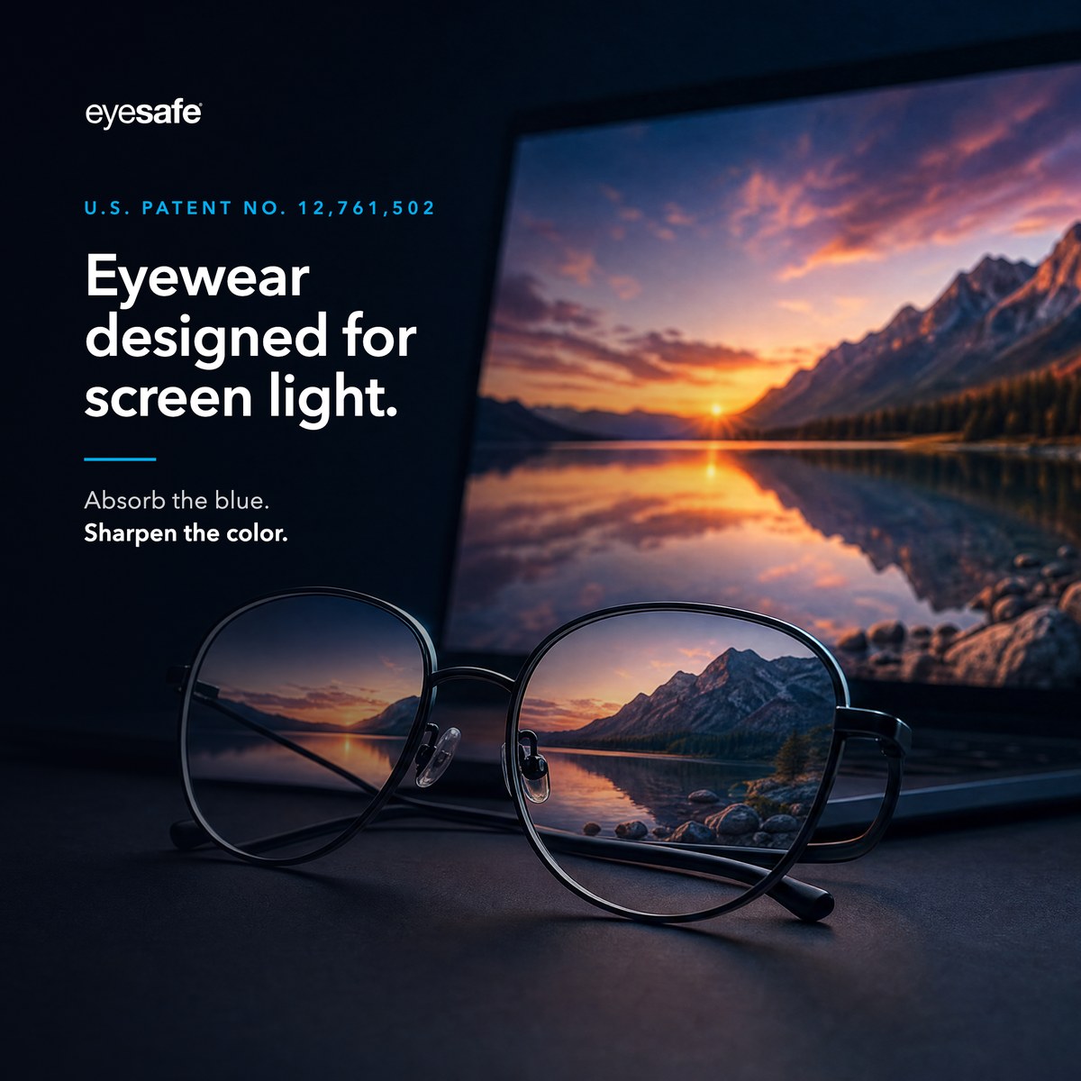 Eyewear designed for screen light: eyeglasses in front of a laptop screen showing a sunset lake