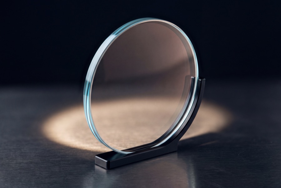 Clear eyeglass lens on a stand