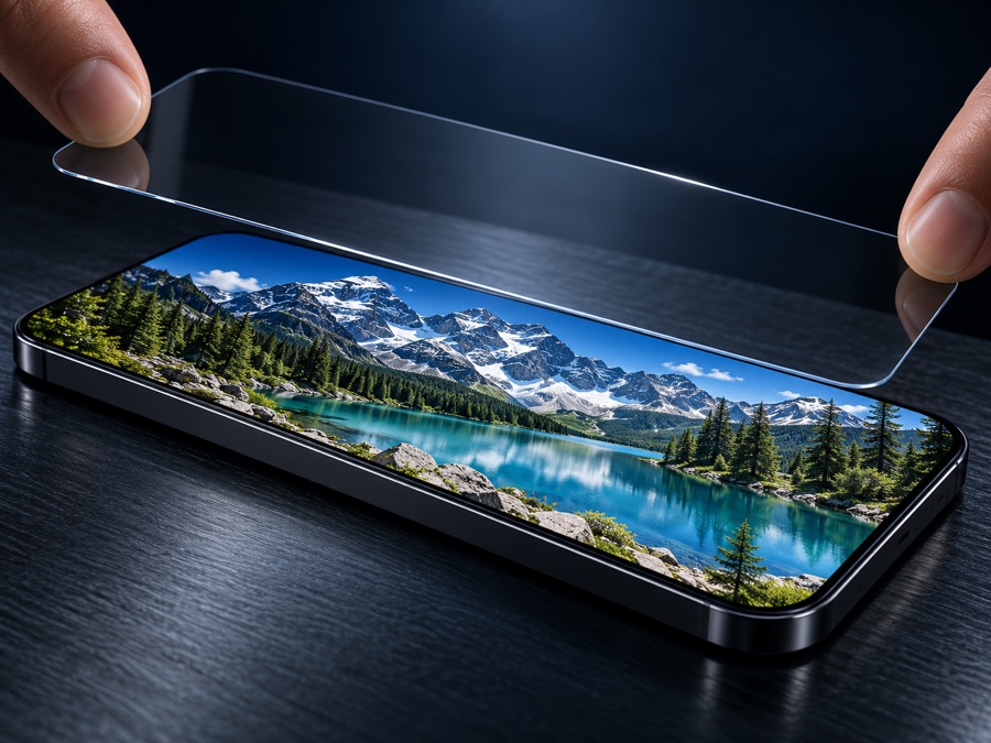 A clear Eyesafe glass screen protector being placed on a phone showing a true-color mountain lake